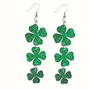 NWT St. Patrick's Day Green Glitter Four Leaf Clover Bling Dangle Earrings